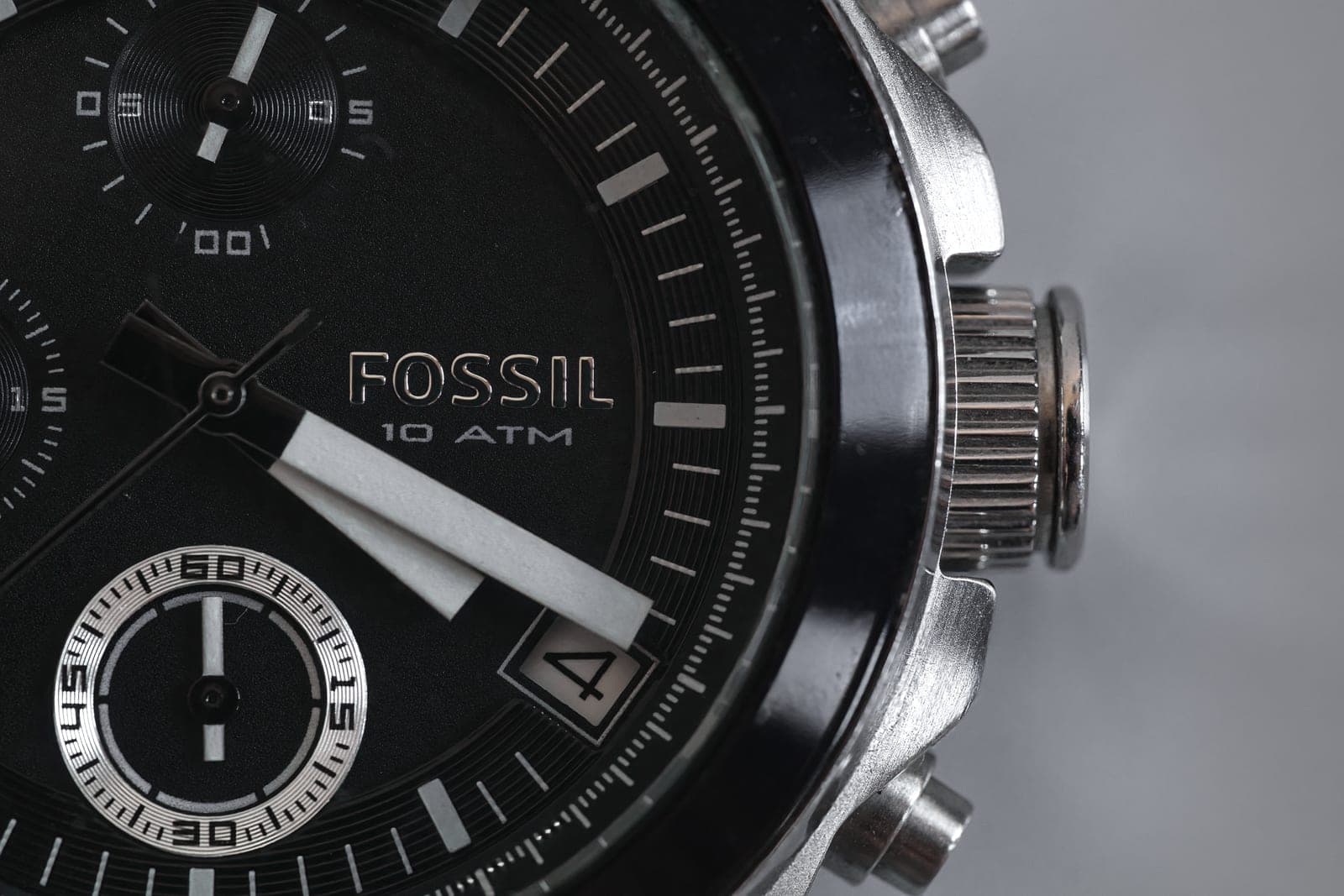The dial of a chronograph wristwatch photographed close up