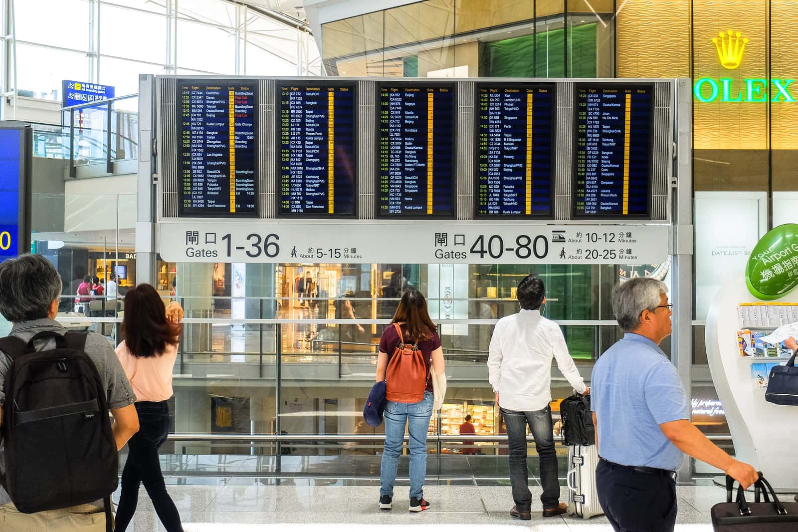 A wristwatch photographed against an airport departure board